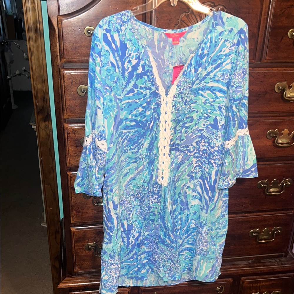 Lilly Pulitzer new with tags size L Hollie Tunic Dress Blue Haven Hey Hey Soleil